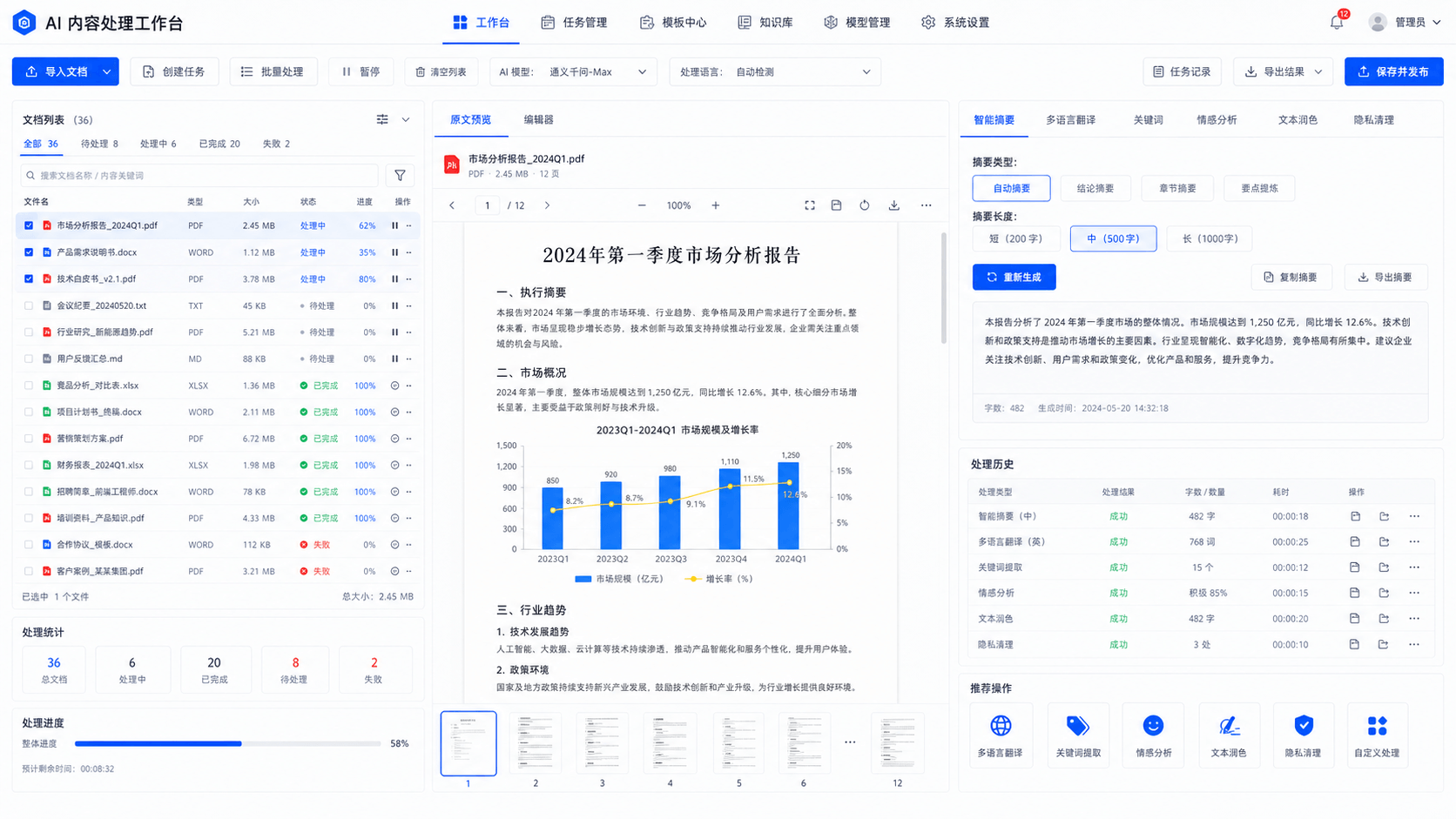 AI 内容处理工作台界面截图