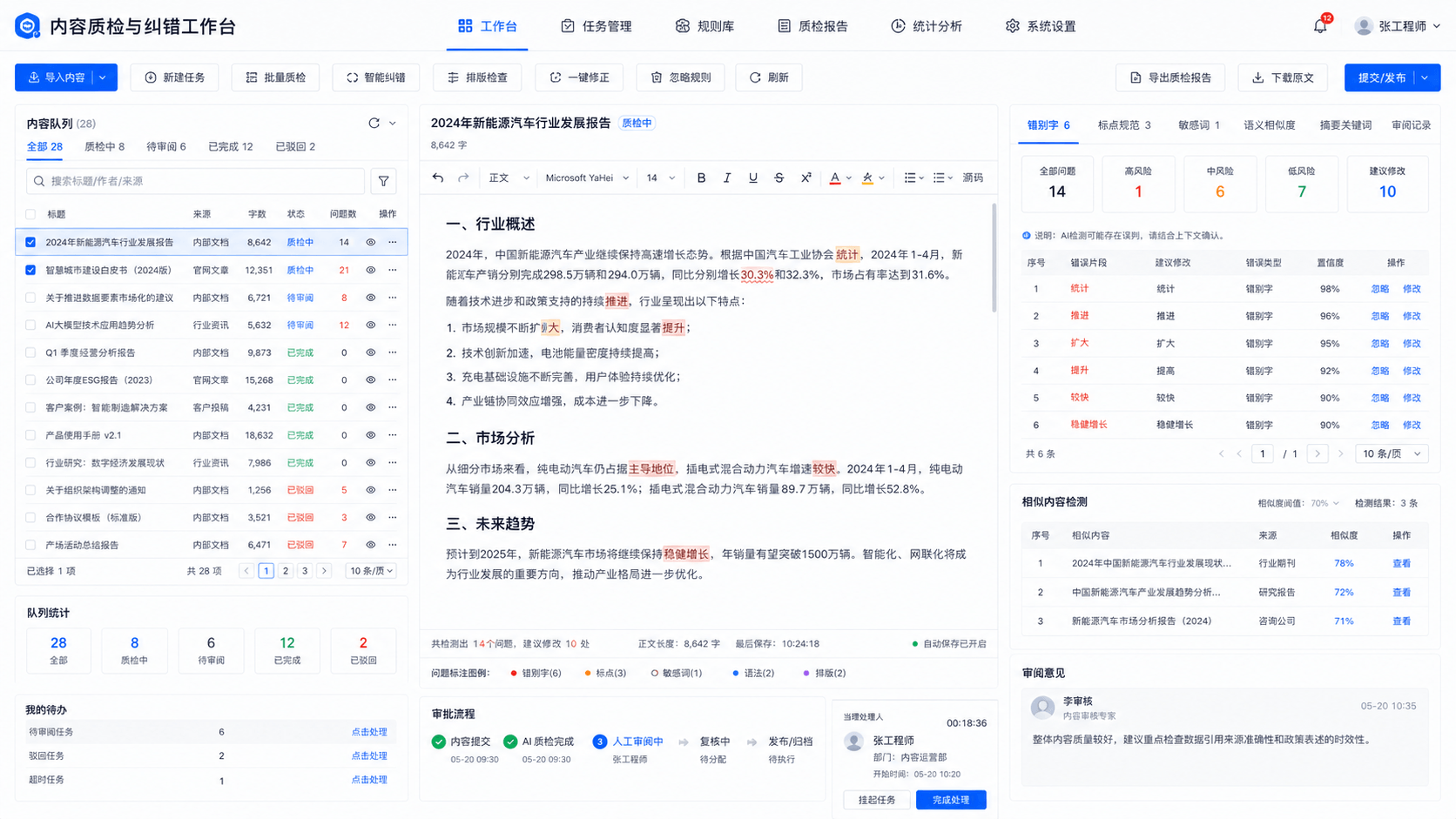 内容质检与纠错工作台界面截图