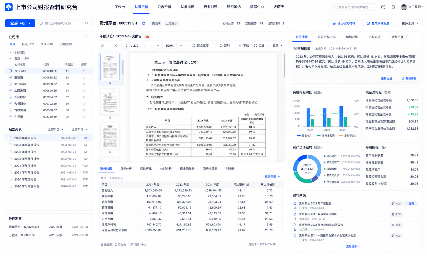 上市公司财报资料研究台界面截图